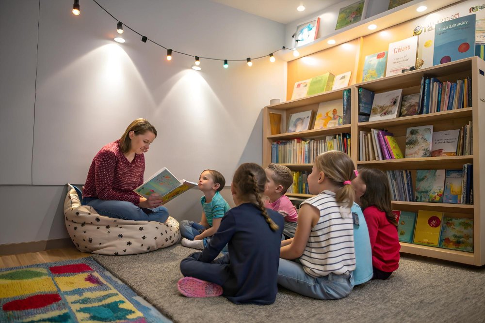 Teacher with children reading a book