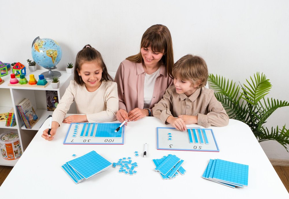 Mother helping children discover joy in math through hands-on learning
