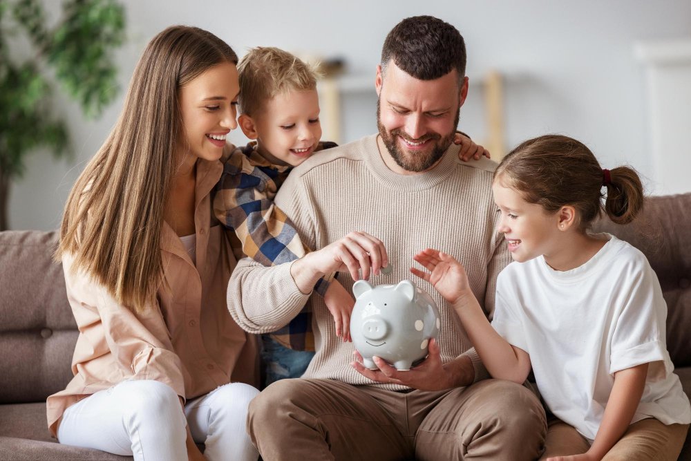 parent and children using a money jar to talk about saving and spending