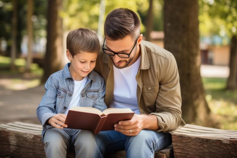 Christian dad reading the Bible with his child on Father’s Day
