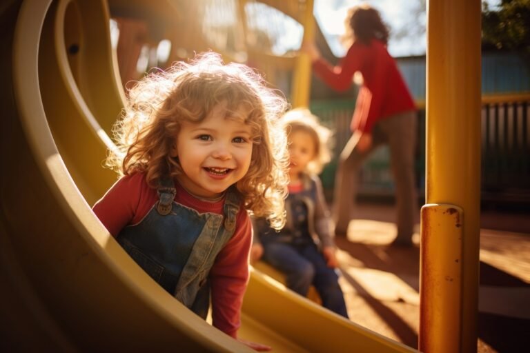Toddler girl playing on a colorful playground with friends
