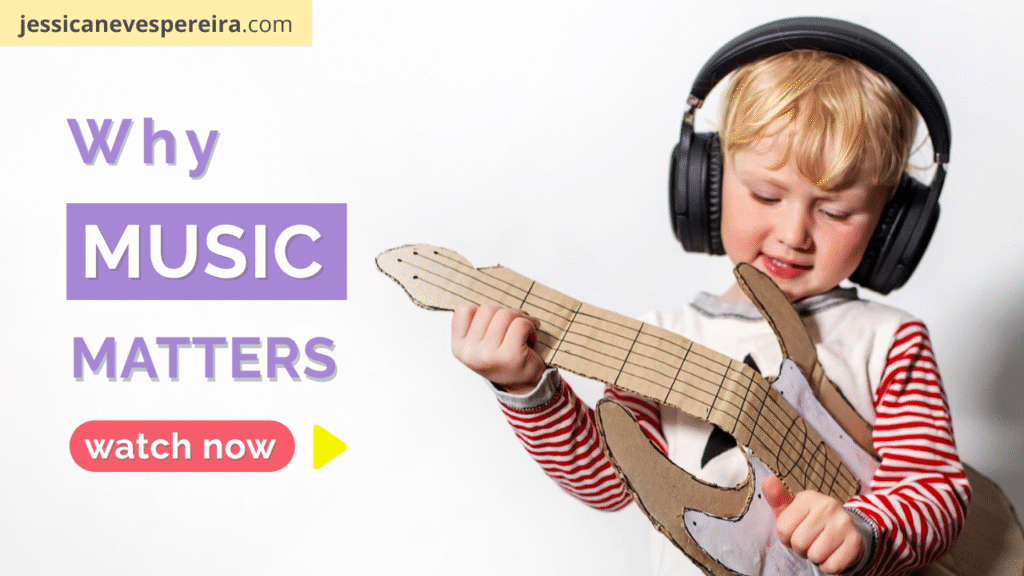 Child with headphones playing cardboard guitar