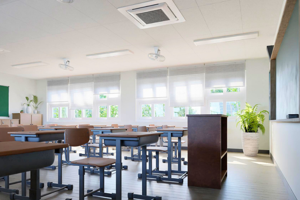 Bright classroom with clean air and proper ventilation for student health